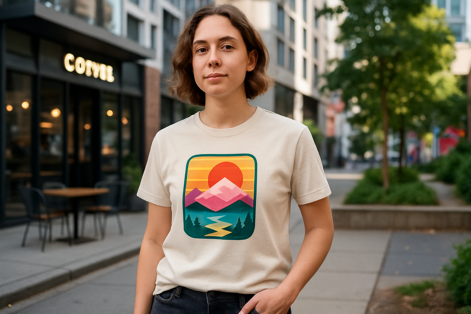 Realistic lifestyle mockup of a stylish unisex cotton T-shirt worn by a young adult outdoors in a modern urban setting (street, coffee shop, casual park). The T-shirt has a centered colorful graphic design, sharp print quality, and natural fabric folds. Bright, eye-catching, professional look for e-commerce store.
