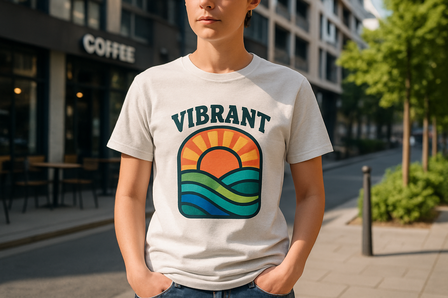 Realistic lifestyle mockup of a stylish unisex cotton T-shirt worn by a young adult outdoors in a modern urban setting (street, coffee shop, casual park). The T-shirt has a centered colorful graphic design, sharp print quality, and natural fabric folds. Bright, eye-catching, professional look for e-commerce store.
